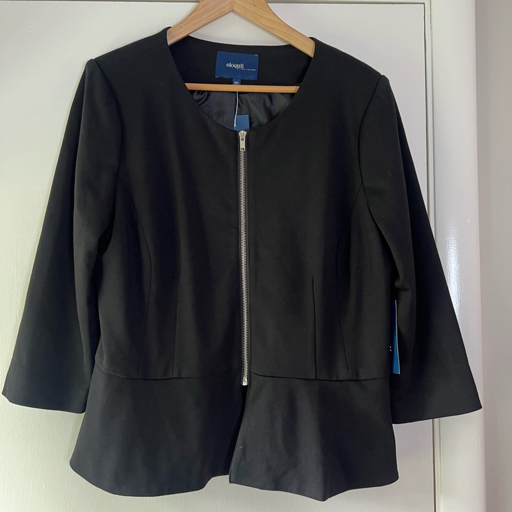 🆕 Eloquii Black Ponte Knit Zip Front Peplum Blazer Plus Size Classic Minimalist